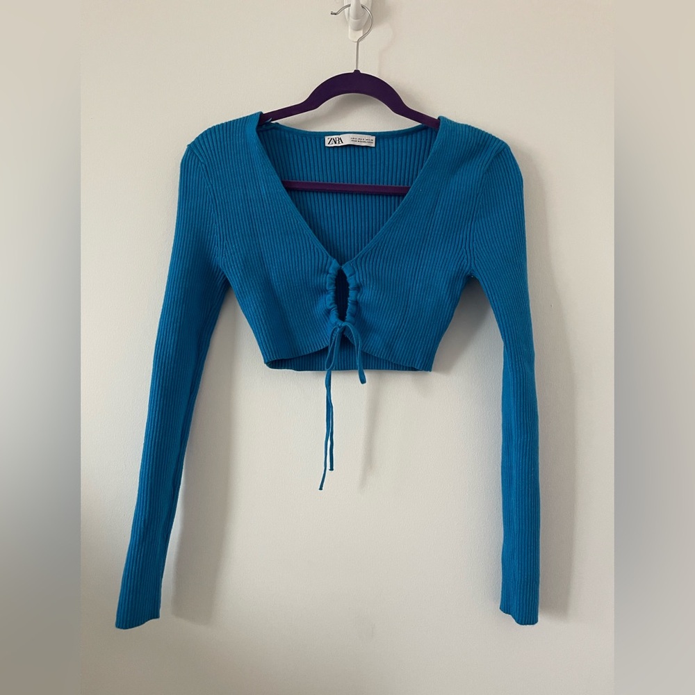 Zara Blue Ribbed Cropped Long Sleeve